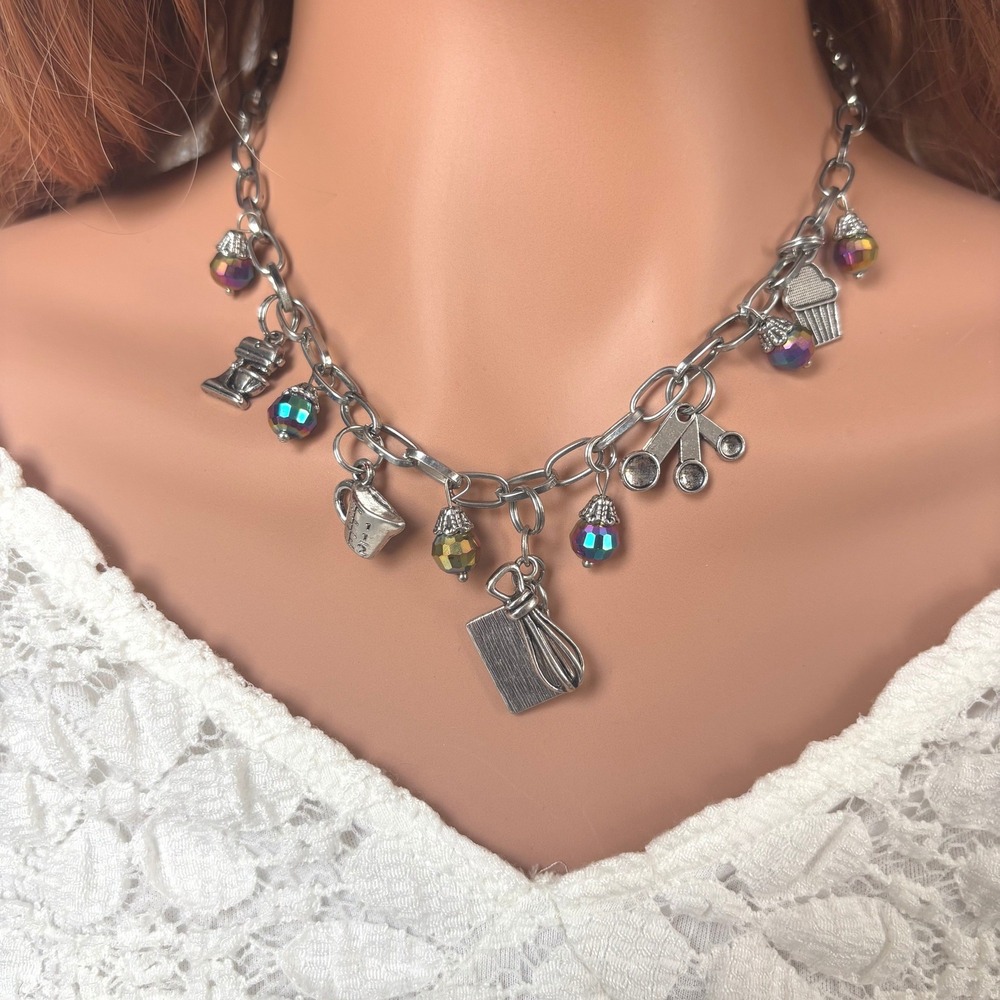 Baking Charm Necklace Kitchen Utensils Silver Tone Chef Culinary Foodie 21908